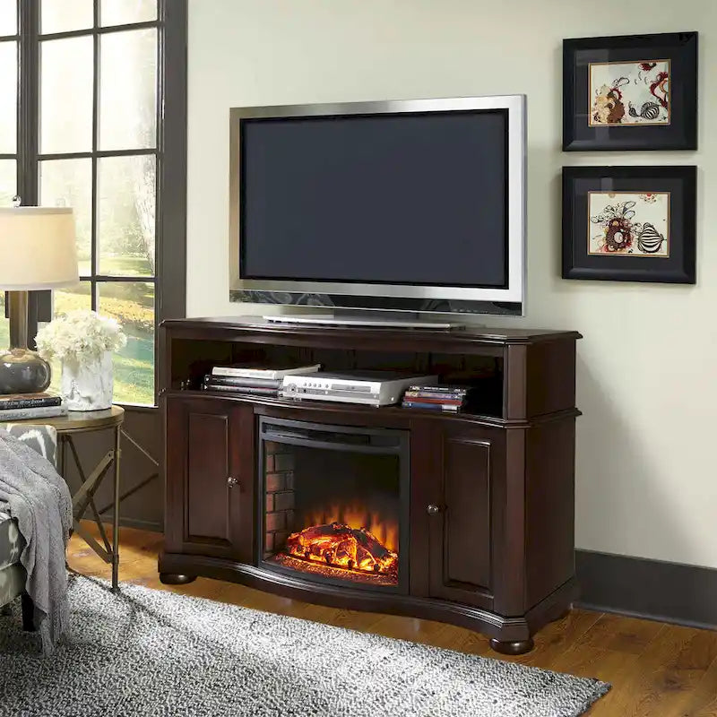 Pleasant Hearth Merrill 54  TV Stand with Electric Fireplace in Merlot - 54 inches in width