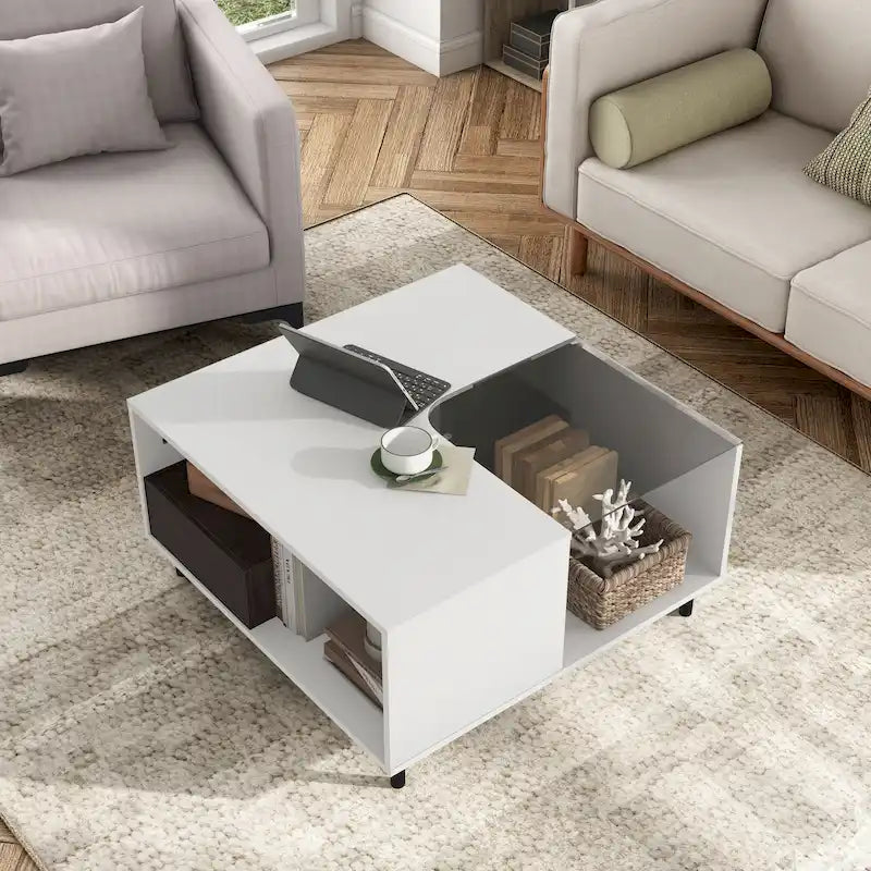 DH BASIC Modern White Square Coffee Table with 16 Colors LED Light, Shelf, and Drawer by Denhour