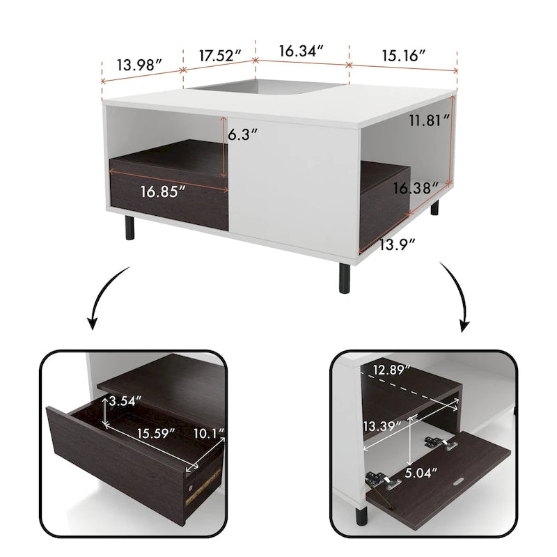 DH BASIC Modern White Square Coffee Table with 16 Colors LED Light, Shelf, and Drawer by Denhour