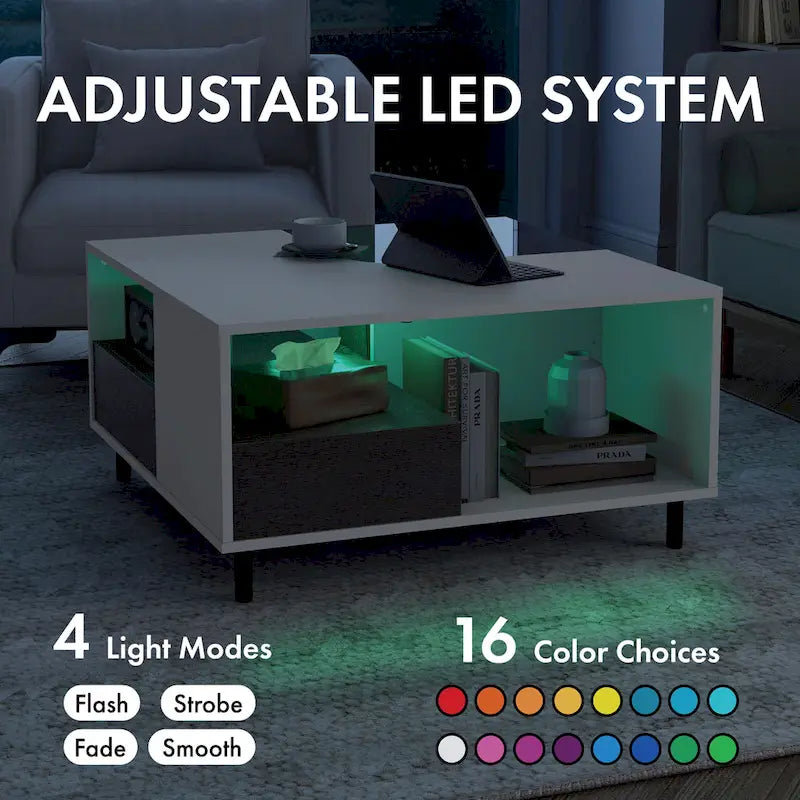 DH BASIC Modern White Square Coffee Table with 16 Colors LED Light, Shelf, and Drawer by Denhour