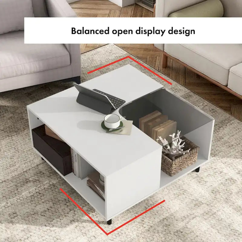 DH BASIC Modern White Square Coffee Table with 16 Colors LED Light, Shelf, and Drawer by Denhour