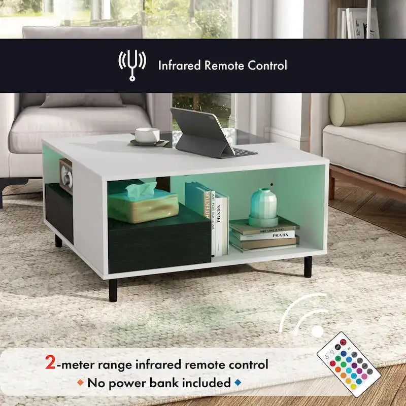 DH BASIC Modern White Square Coffee Table with 16 Colors LED Light, Shelf, and Drawer by Denhour