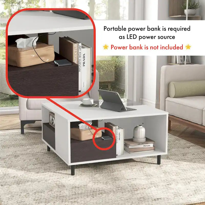 DH BASIC Modern White Square Coffee Table with 16 Colors LED Light, Shelf, and Drawer by Denhour