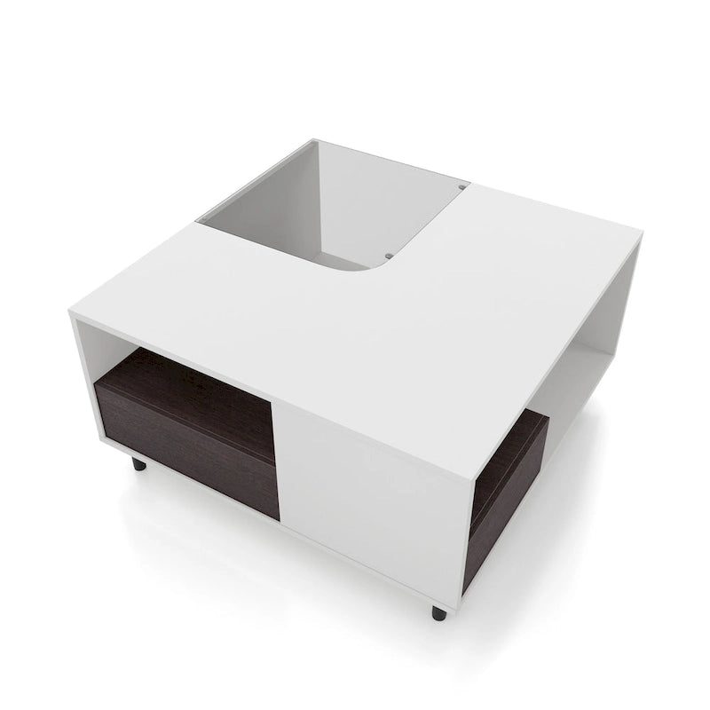 DH BASIC Modern White Square Coffee Table with 16 Colors LED Light, Shelf, and Drawer by Denhour