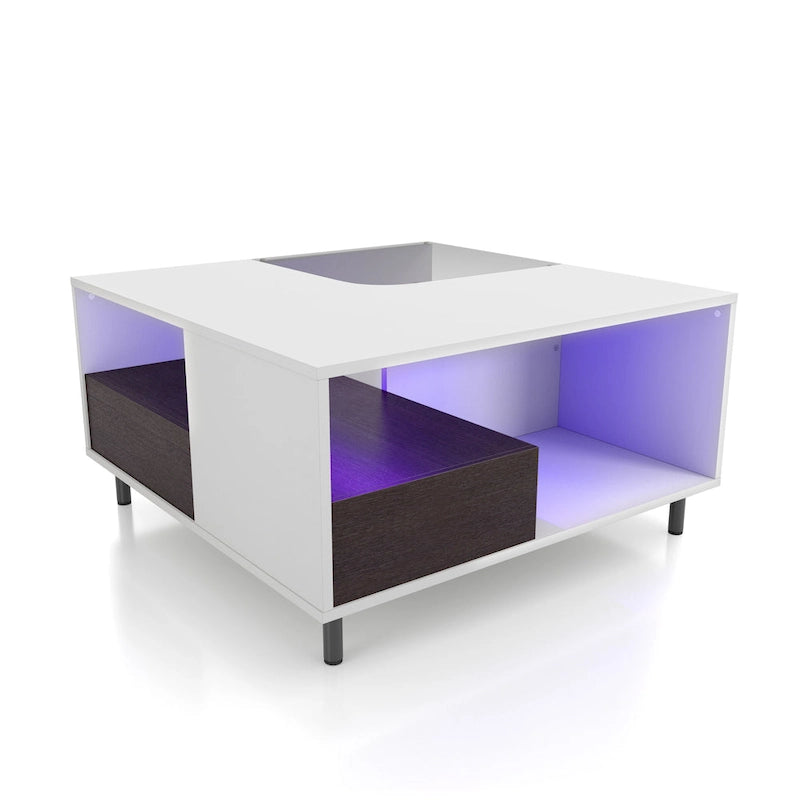 DH BASIC Modern White Square Coffee Table with 16 Colors LED Light, Shelf, and Drawer by Denhour