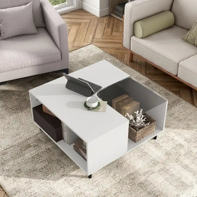 DH BASIC Modern White Square Coffee Table with 16 Colors LED Light, Shelf, and Drawer by Denhour