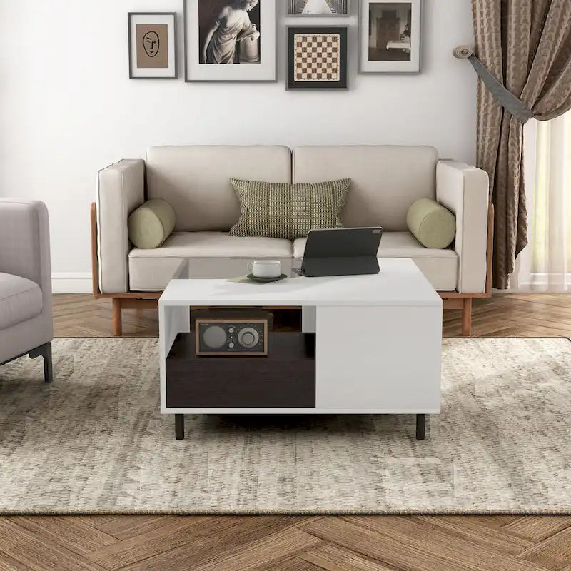 DH BASIC Modern White Square Coffee Table with 16 Colors LED Light, Shelf, and Drawer by Denhour