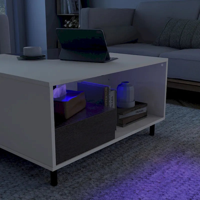 DH BASIC Modern White Square Coffee Table with 16 Colors LED Light, Shelf, and Drawer by Denhour