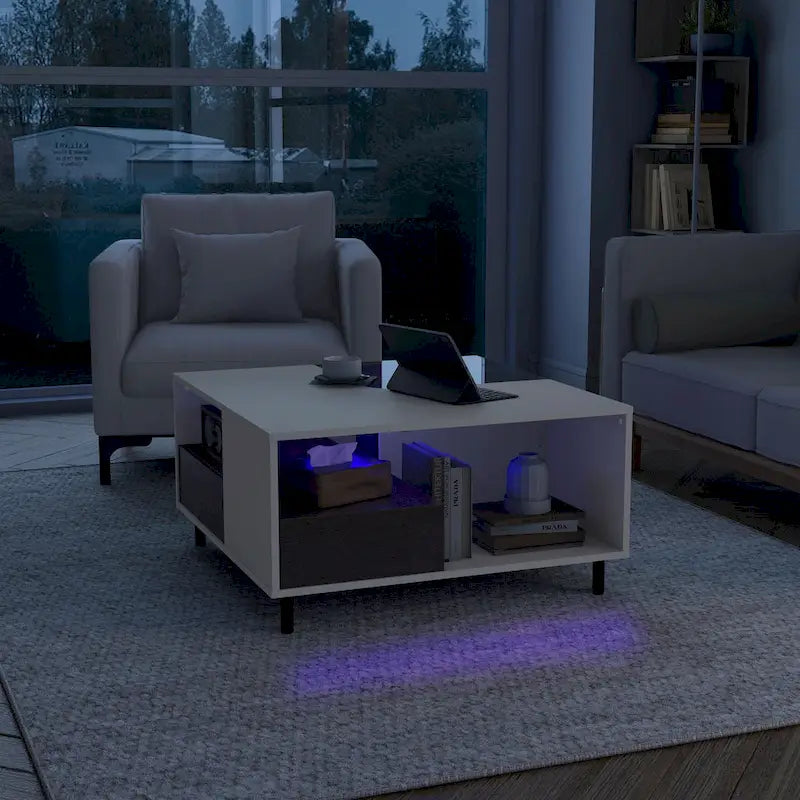 DH BASIC Modern White Square Coffee Table with 16 Colors LED Light, Shelf, and Drawer by Denhour