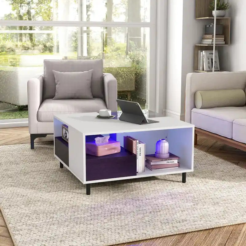 DH BASIC Modern White Square Coffee Table with 16 Colors LED Light, Shelf, and Drawer by Denhour
