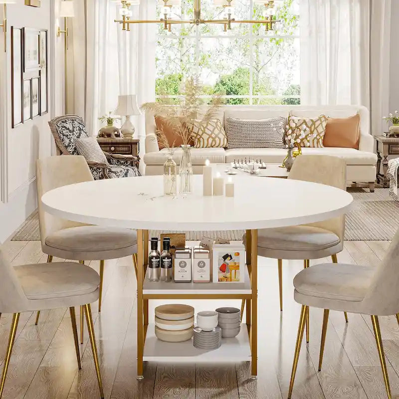 Round Dining Table for 4, 47 inch Kitchen Table Small Dinner Table with Storage Shelf