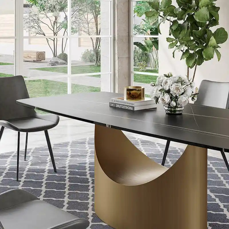 63 -94  Hobart Modern Dining Table with Rectangular Sintered Stone Tabletop and Carbon Steel Leg for 4-10
