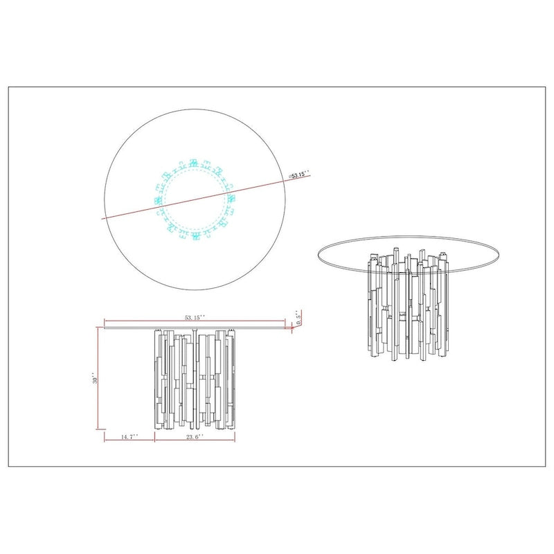 Somette Contemporary Round Glass Table with Steel & Golden Cluster Design Base