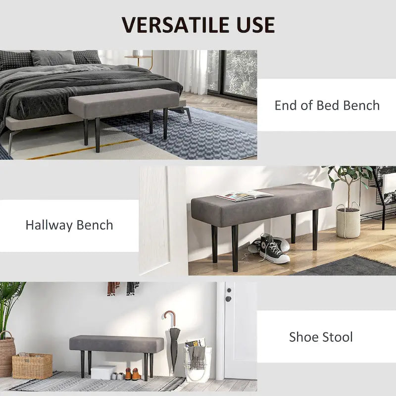 HOMCOM 39  End of Bed Bench, Upholstered Entryway Bench with Steel Legs, Bedroom Bench, Gray