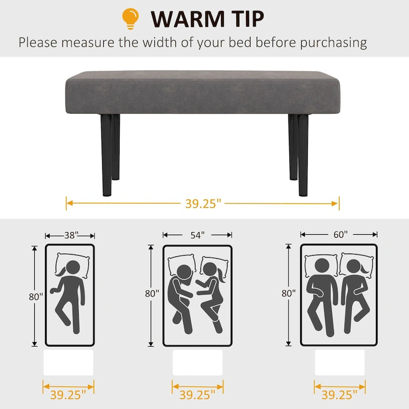 HOMCOM 39  End of Bed Bench, Upholstered Entryway Bench with Steel Legs, Bedroom Bench, Gray