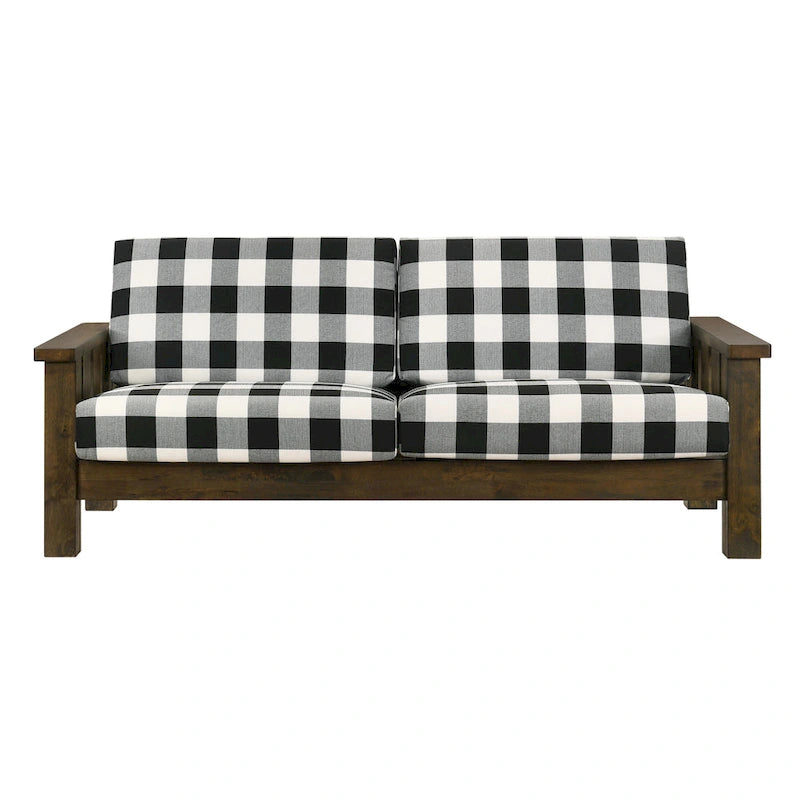 Jimo Farmhouse Rustic Oak Fabric Upholstered Wooden Arms Sofa by Furniture of America