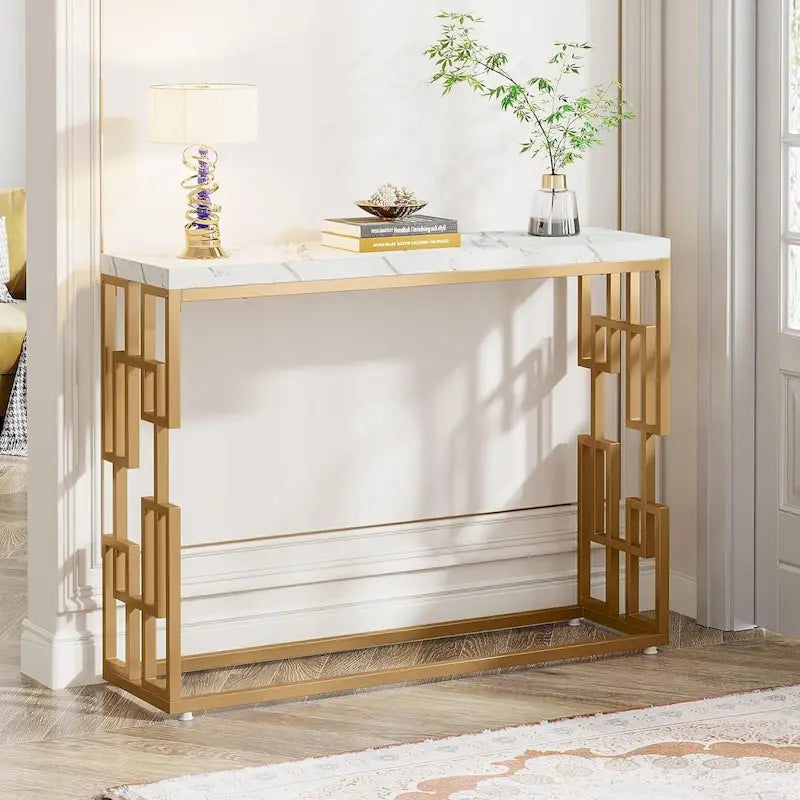 Console Table, White Faux Marble Modern Sofa Tables for Living Room