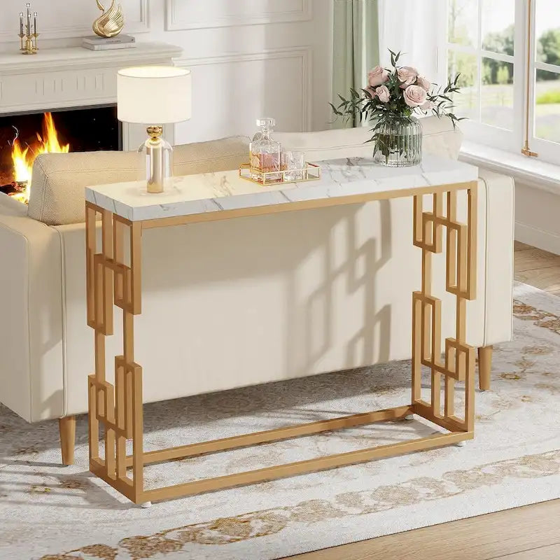 Console Table, White Faux Marble Modern Sofa Tables for Living Room