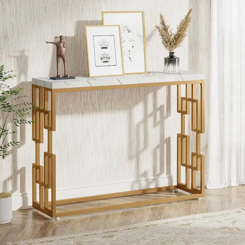 Console Table, White Faux Marble Modern Sofa Tables for Living Room