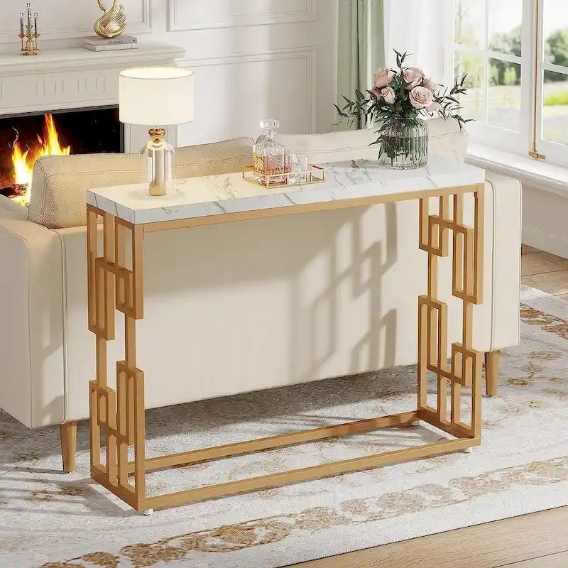Console Table, White Faux Marble Modern Sofa Tables for Living Room