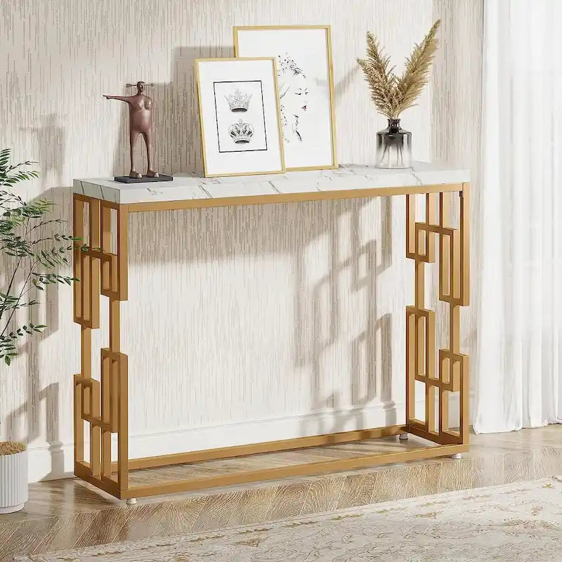 Console Table, White Faux Marble Modern Sofa Tables for Living Room