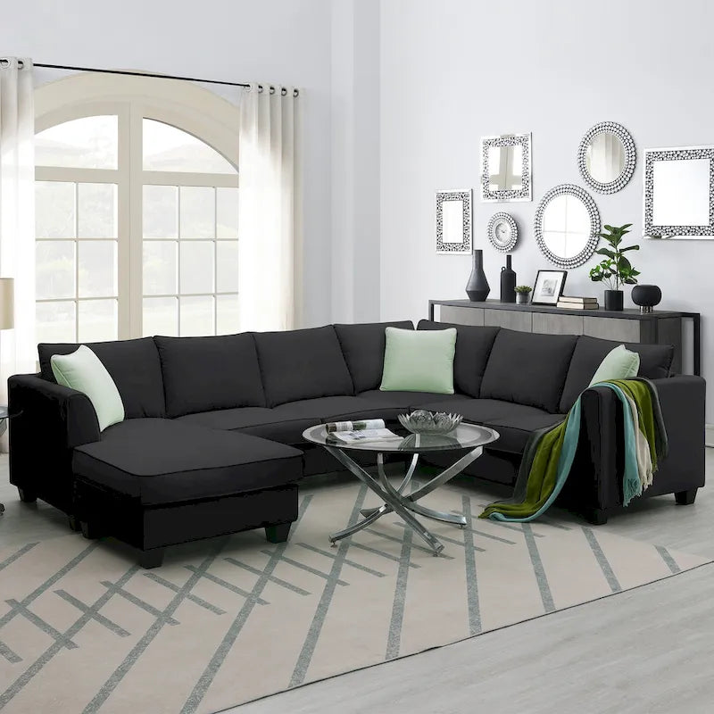 112*87  Sectional Sofa Couches Living Room Sets 7 Seats Modular Sectional Sofa with 3 Pillows, Black