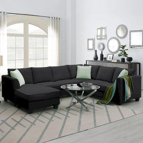 112*87  Sectional Sofa Couches Living Room Sets 7 Seats Modular Sectional Sofa with 3 Pillows, Black