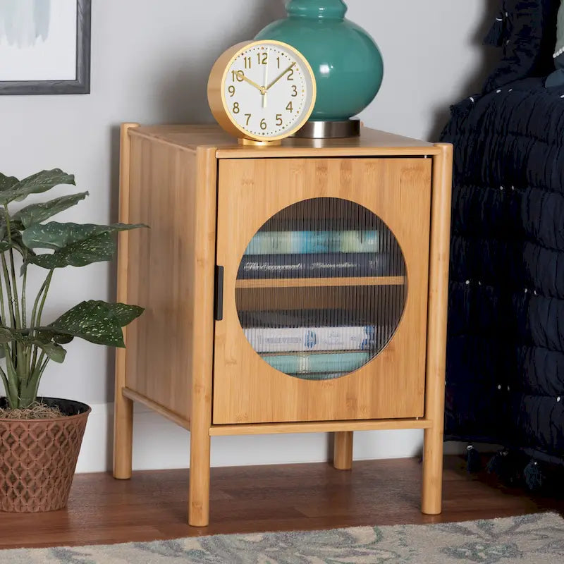 Naresh Mid-Century Modern Transitional Natural Brown Bamboo Wood 1-Door End Table