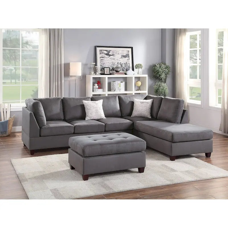 Poundex 3 Piece Fabric Sectional Sofa Set with Ottoman