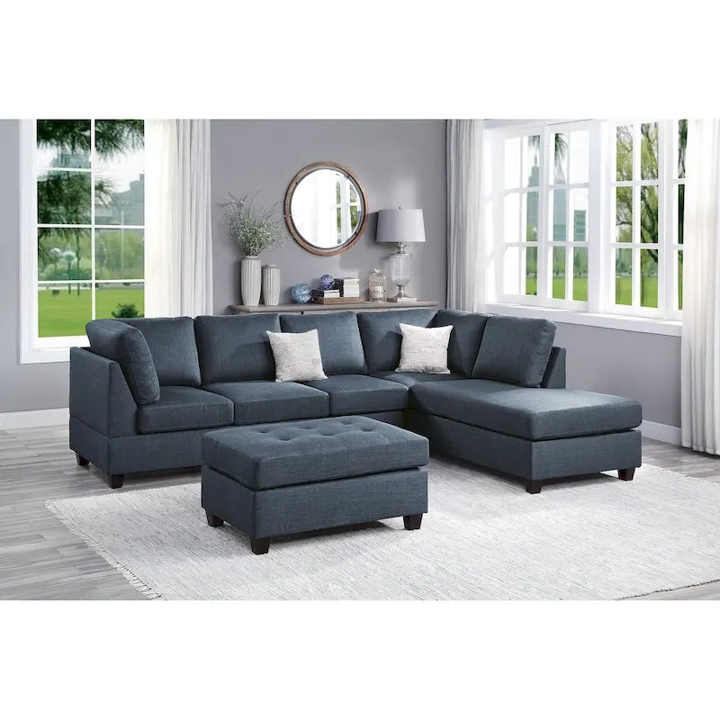 Poundex 3 Piece Fabric Sectional Sofa Set with Ottoman