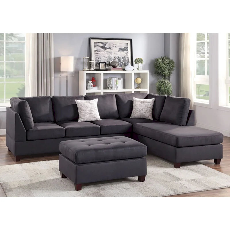 Poundex 3 Piece Fabric Sectional Sofa Set with Ottoman