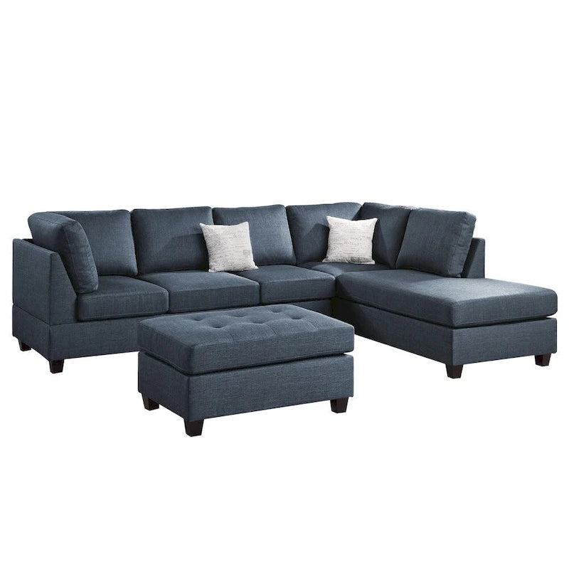 Poundex 3 Piece Fabric Sectional Sofa Set with Ottoman