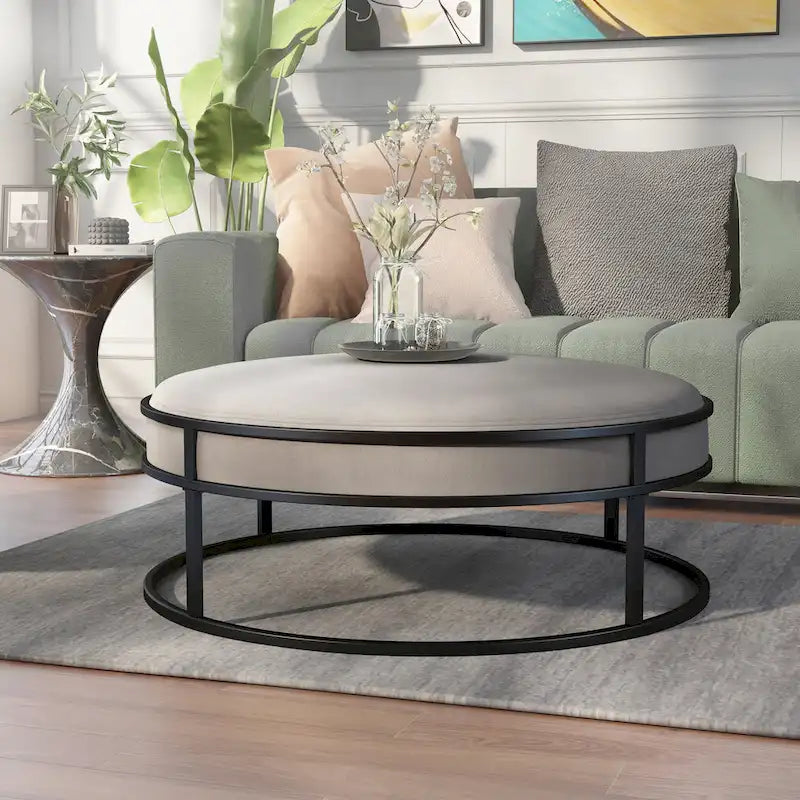 Chista Contemporary Round Fabric Ottoman with Cushion by Furniture of America