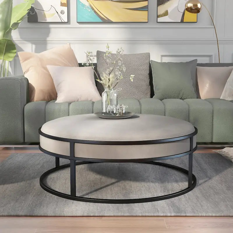 Chista Contemporary Round Fabric Ottoman with Cushion by Furniture of America