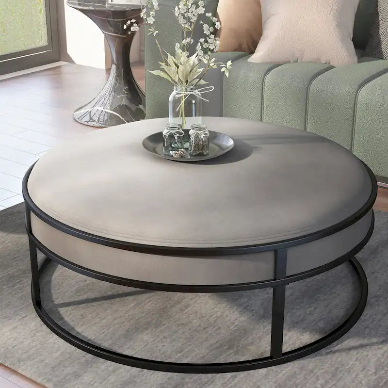 Chista Contemporary Round Fabric Ottoman with Cushion by Furniture of America