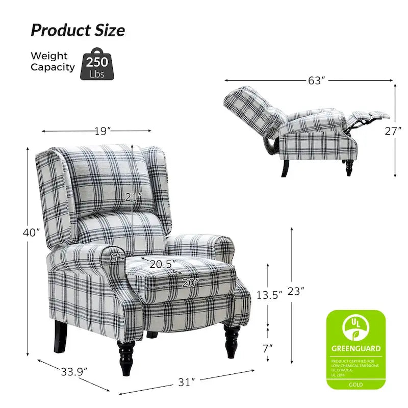 Olympus Upholstered Classic Manual Wingback Recliner with Solid Wood Legs Set of 2 by HULALA HOME