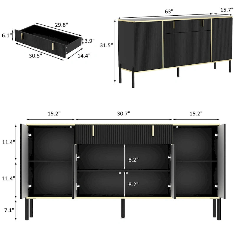 Timechee 4 Doors Kitchen Sideboard 2 Top Drawers Accent Storage Cabinet