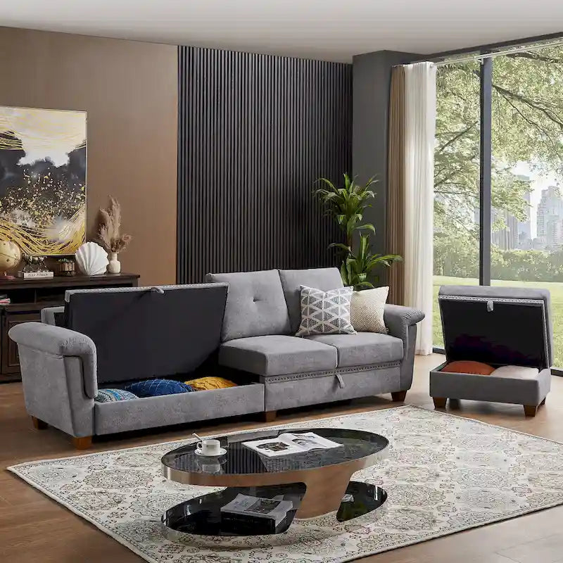109  Modern 4 Seaters Towelling Sectional Sofa with Hidden Coffee Table Adjustable Headrest and Large Storage Space