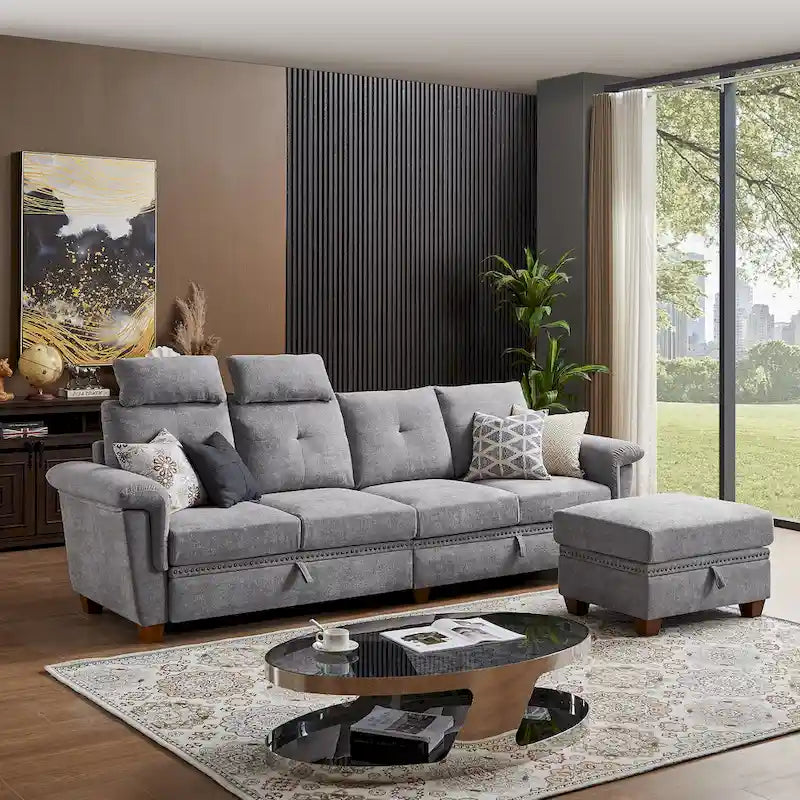 109  Modern 4 Seaters Towelling Sectional Sofa with Hidden Coffee Table Adjustable Headrest and Large Storage Space