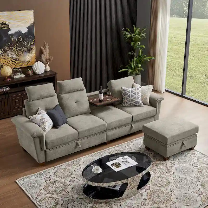 109  Modern 4 Seaters Towelling Sectional Sofa with Hidden Coffee Table Adjustable Headrest and Large Storage Space
