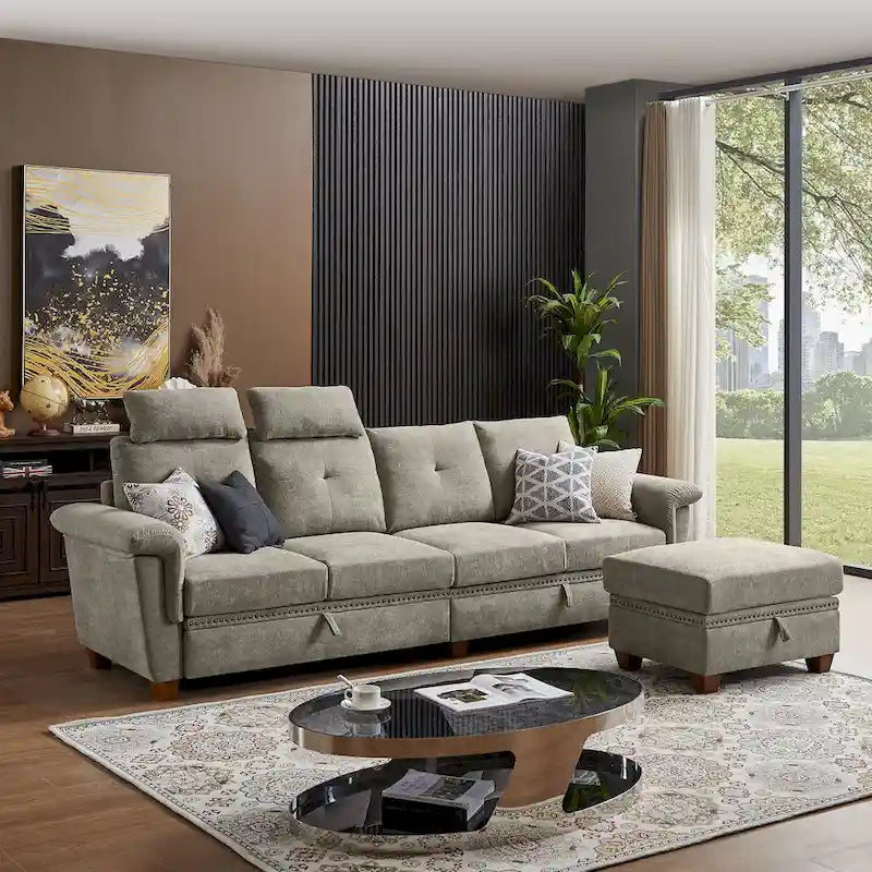 109  Modern 4 Seaters Towelling Sectional Sofa with Hidden Coffee Table Adjustable Headrest and Large Storage Space