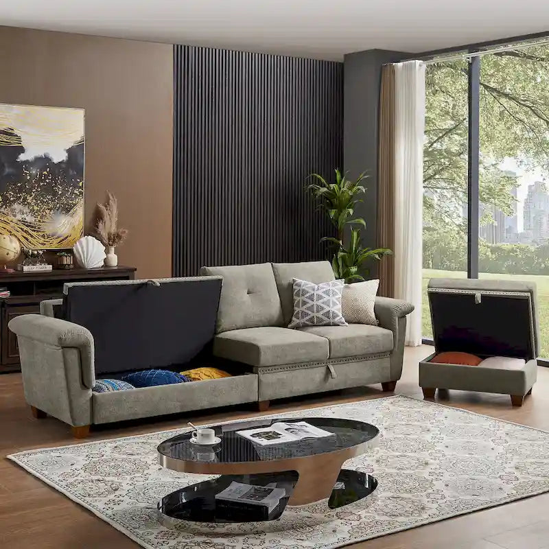 109  Modern 4 Seaters Towelling Sectional Sofa with Hidden Coffee Table Adjustable Headrest and Large Storage Space