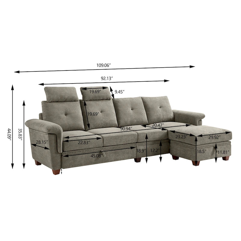 109  Modern 4 Seaters Towelling Sectional Sofa with Hidden Coffee Table Adjustable Headrest and Large Storage Space