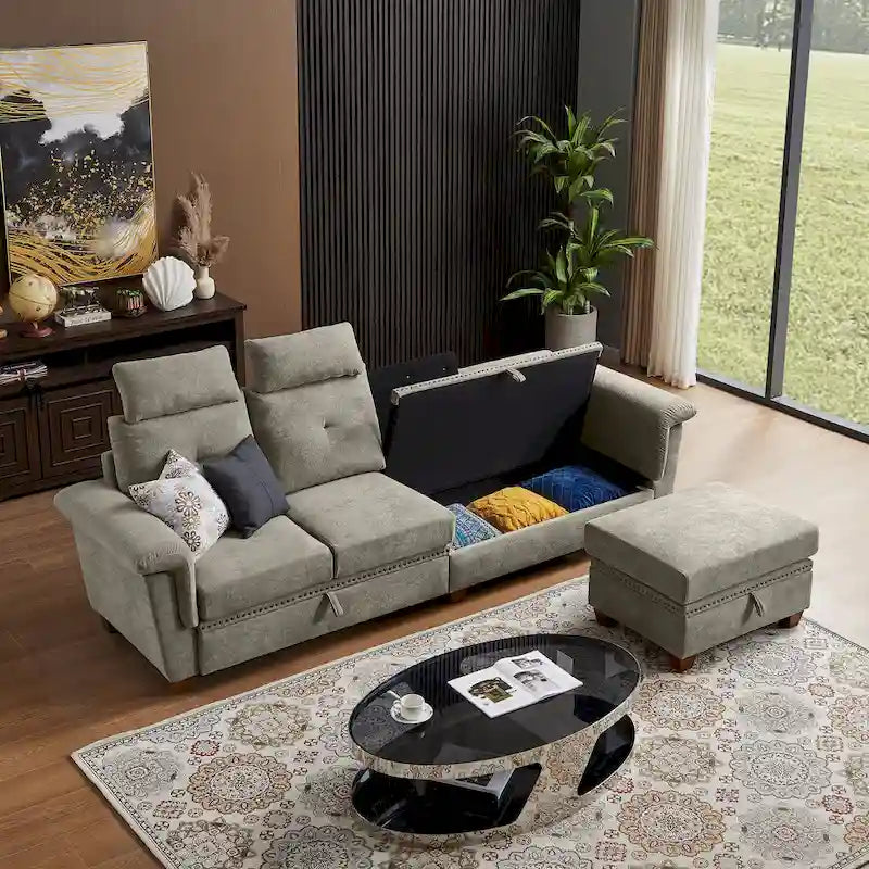 109  Modern 4 Seaters Towelling Sectional Sofa with Hidden Coffee Table Adjustable Headrest and Large Storage Space