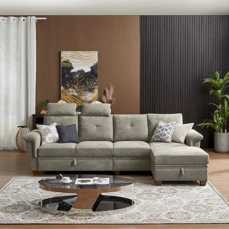 109  Modern 4 Seaters Towelling Sectional Sofa with Hidden Coffee Table Adjustable Headrest and Large Storage Space