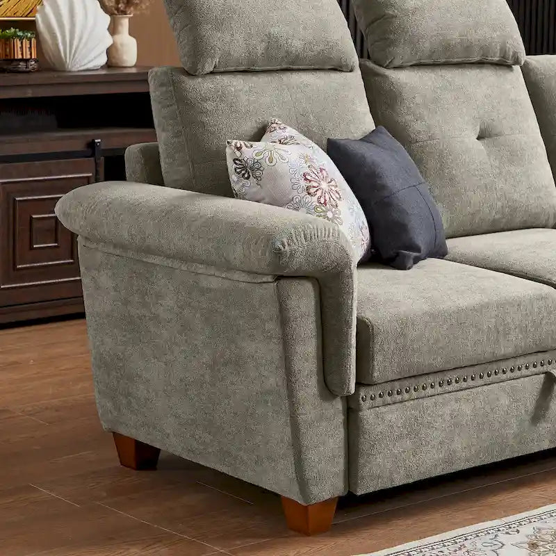 109  Modern 4 Seaters Towelling Sectional Sofa with Hidden Coffee Table Adjustable Headrest and Large Storage Space