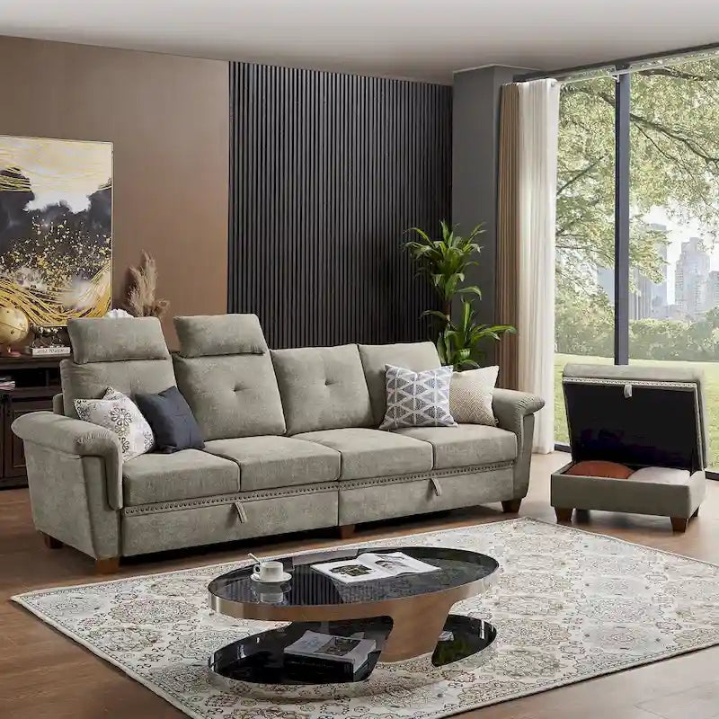 109  Modern 4 Seaters Towelling Sectional Sofa with Hidden Coffee Table Adjustable Headrest and Large Storage Space