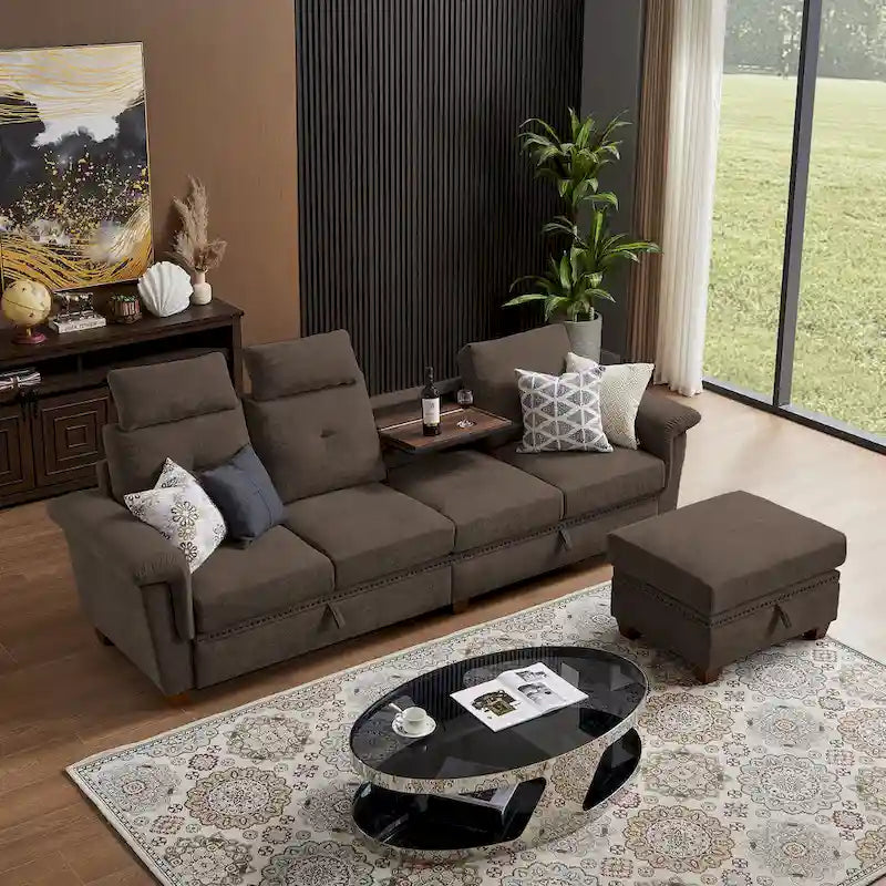 109  Modern 4 Seaters Towelling Sectional Sofa with Hidden Coffee Table Adjustable Headrest and Large Storage Space