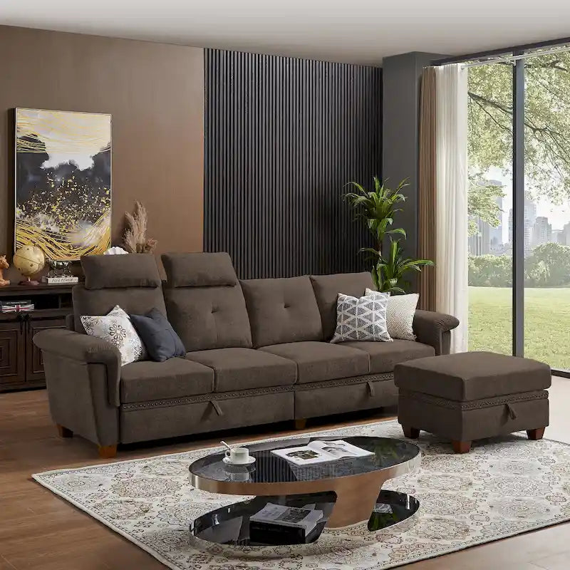 109  Modern 4 Seaters Towelling Sectional Sofa with Hidden Coffee Table Adjustable Headrest and Large Storage Space