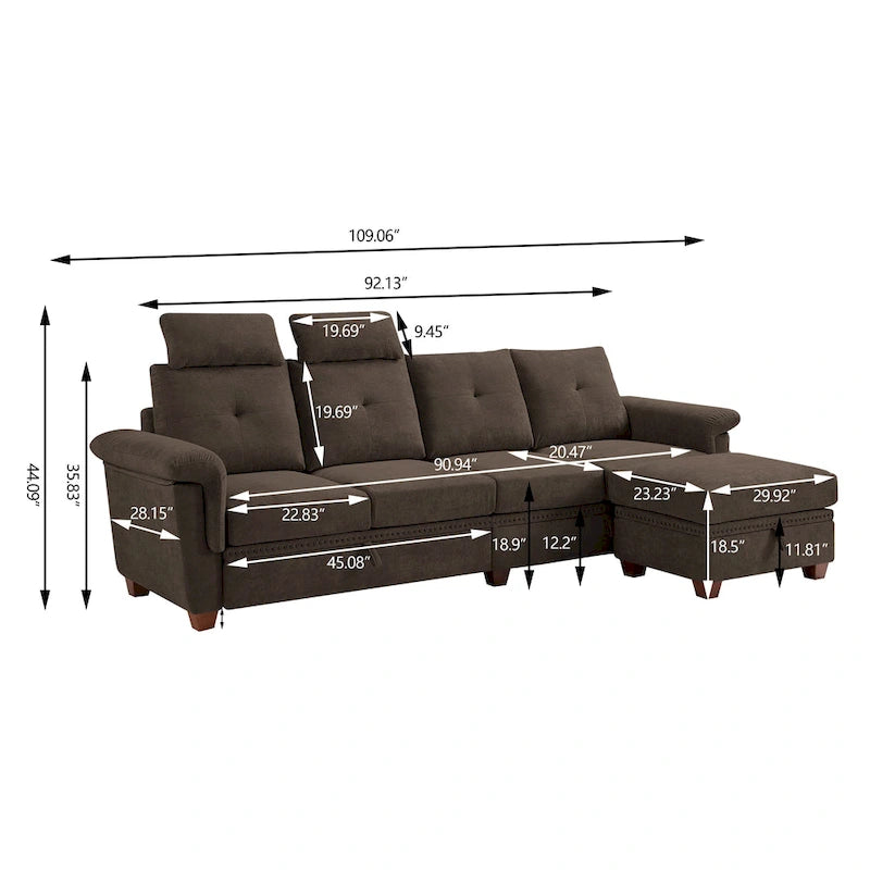 109  Modern 4 Seaters Towelling Sectional Sofa with Hidden Coffee Table Adjustable Headrest and Large Storage Space